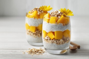 Two layered parfaits in glasses with mango chunks, chia seeds, creamy base, and granola, garnished with calendula flowers; oats scattered nearby