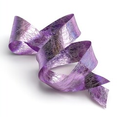 A curled, shimmering lavender ribbon with a textured, almost cracked surface, softly casts a shadow on a stark white background