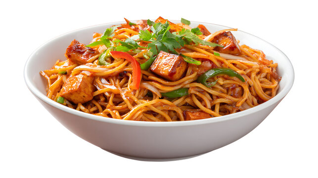 chezwan hakka noodles with paneer or cottage cheese isolated on a white background