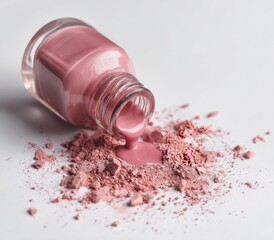 Spilled dusty rose nail polish flows from a tilted bottle onto a pile of crumbled makeup