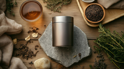 Minimalist blank metal tea canister with a soft matte finish, placed on a stone slab or bamboo tray. Surrounded by loose leaf tea, fresh herbs, and organic fabrics for a natural, refined look.
