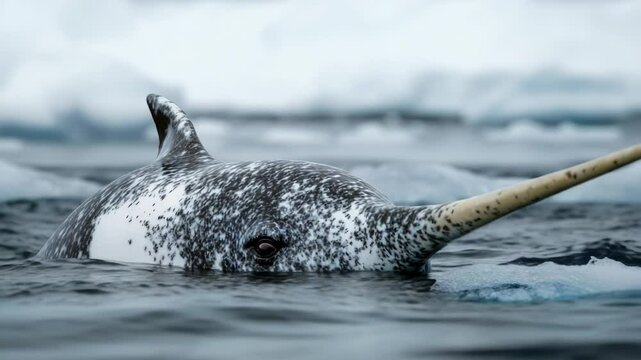 A narwhal with its distinctive long horn swimming in the ocean.