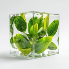A transparent glass cube contains several vibrant green leaves, some showing yellowing, set against a plain white background