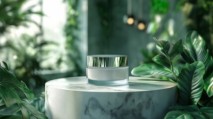 Empty cosmetic cream jar mockup displayed on a circular slab of organic stone, like Himalayan salt or Italian Carrara marble. Luxurious, clean, and ideal for premium skincare branding.