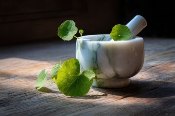 Sunlit marble mortar and pestle with vibrant green leaves on rustic wood