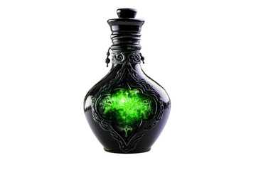 Vintage Intricate black potion bottle with glowing green heart design and ornate detailing on isolated on transparent png