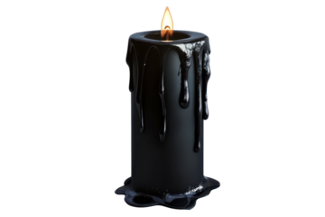 Black candle with dripping wax and burning flame isolated on transparent png