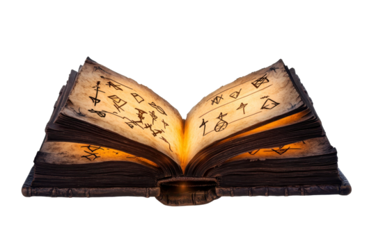 Vintage Ancient magical book with glowing runes and mysterious symbols isolated on transparent png