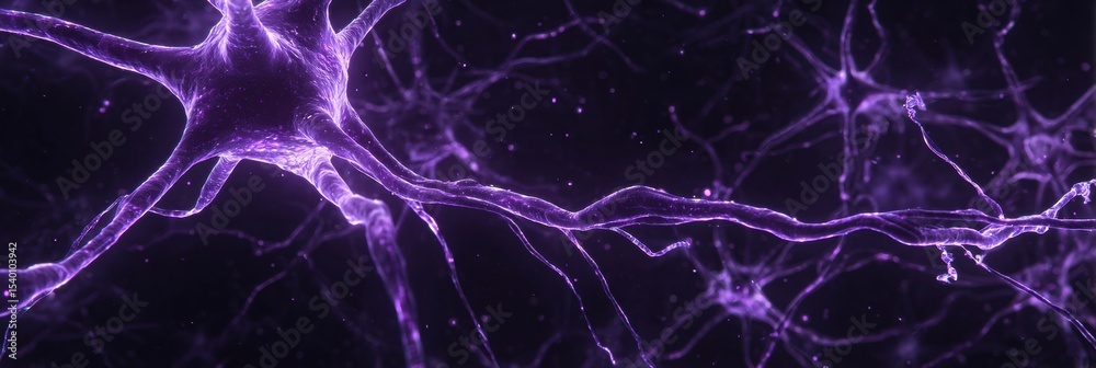 Poster Neon-lit Neuron Network Illuminating Deep Purple Background in Cyberpunk Style