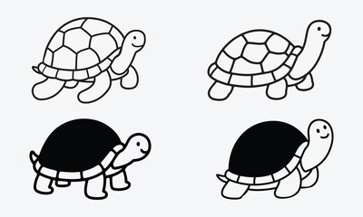 Set of Hand Drawn Cartoon Tortoise in Line and Silhouette Vector on White Background