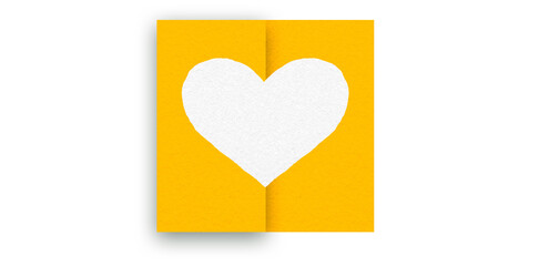 Yellow heart shaped paper on transparent background. Collage composition with rough texture of paper. Scalloped edges. Love and romance. Lovely halftone color.