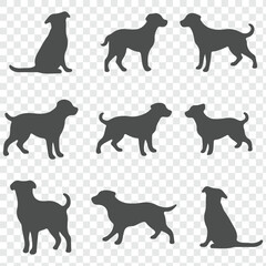 Dogs in different poses, both sitting and standing, created in silhouette style. 