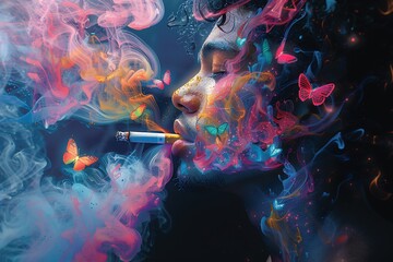 Portrait of man profile colorful smoke emerging his mouth cigarette transforming into butterfly mid air symbol of quitting smoking vibrant swirl of pink cyan yellow surreal expressive style black