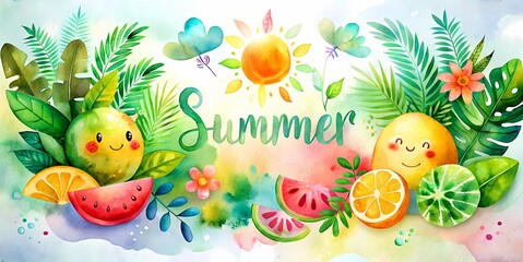 Watorcolor illustration of “Summer” with tropical leaves, fruits, and a smiling sun, bright background, poster style