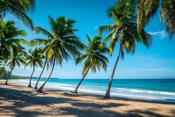 Coconut trees swaying in summer breeze on tropical beach