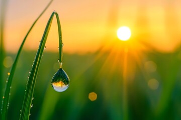 Dew drop hanging from a blade of grass at sunrise