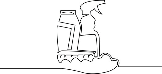Continuous one line drawing of Cleaning sevice tools. Single line drawing illustration of Cleaning service and detergent products. Housekeeping concept vector Illustration