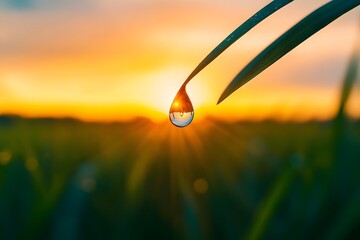 Dew drop hanging from a thin blade of grass at sunrise