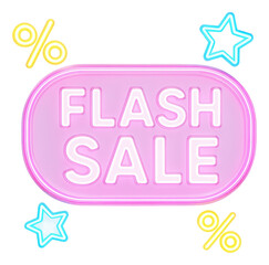 Pink bubble sticker with FLASH SALE in neon style, vibrant retail discount promo offer on transparent background.