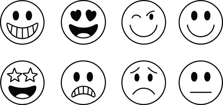 Collection of eight different black and white outline style emoticons