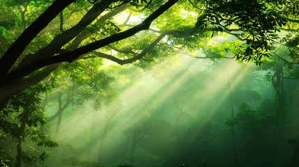 Sunlight streaming through dense forest canopy, illuminating lush greenery and serene atmosphere