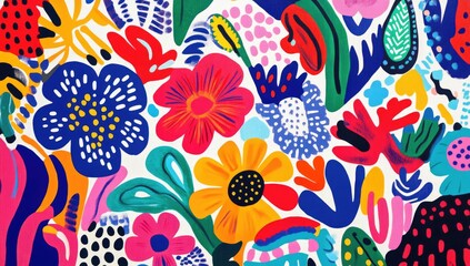 Vibrant floral pattern with bold colors and abstract shapes