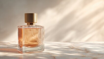 Amber perfume in a clear glass bottle with a gold cap sits on a marble surface, bathed in soft sunlight