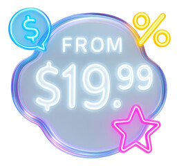 Glossy bubble sticker with "FROM $19.99" in neon style features vibrant retail discount promo on transparent background.