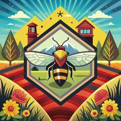 Bee illustration in vibrant colors with rural landscape background. Beware of bees-The badge is designed to ensure safety 