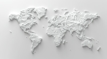 3D relief world map, light gray on white