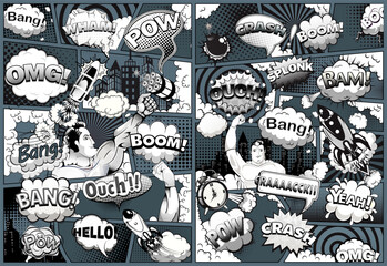 Retro comic book action scene vector.Vintage pop art style illustration with superheroes, rockets, explosions, and dramatic sound effects like pow, boom, and omg.
