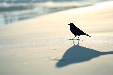 Bird's shadow cast on empty sand beach in minimalist composition