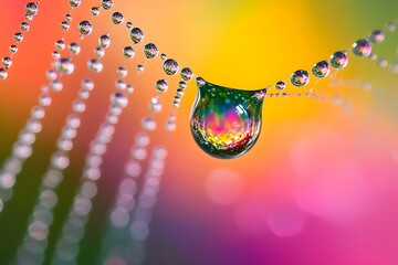shot of a water droplet on a spider web with a rainbow reflection