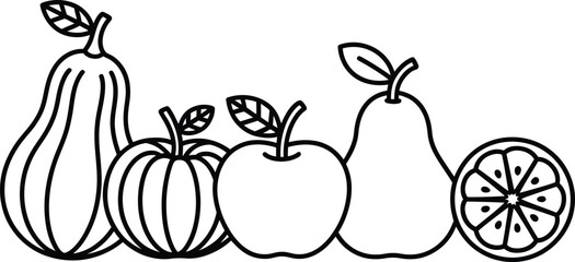 Line art illustration of a variety of fruits in a row arrangement