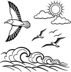 A stunning collection of flying bird silhouettes, including seagulls and sparrows, captured in a vector illustration, evoking the wild freedom of nature and sky
