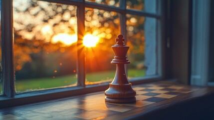A black chess king on a windowsill, bathed in the warm light of a golden sunset