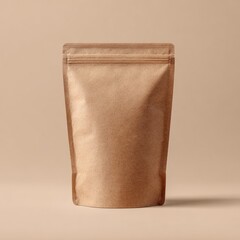 A standing kraft paper pouch with a sealed top, shown against a neutral beige background; simple, unbranded packaging