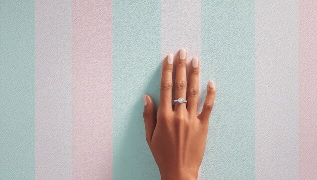 A hand with light-pink nails displays a solitaire diamond ring against a pastel striped background - Powered by Adobe
