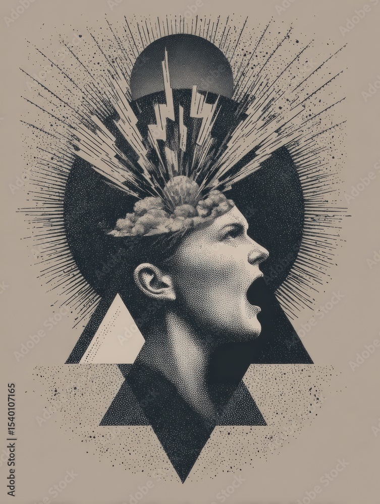 Aufkleber stylized representation of anxiety with a head erupting in lines from the temple showcasing the inte