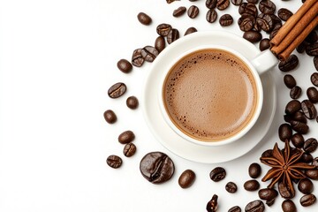 Fototapeta premium Espresso in white cup, coffee beans, cinnamon, anise