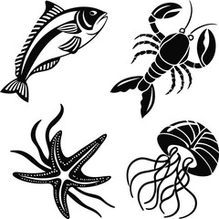 Vector set of fish and sea animals with floral decoration and butterfly silhouettes, ideal for tattoo design or nature-inspired patterns