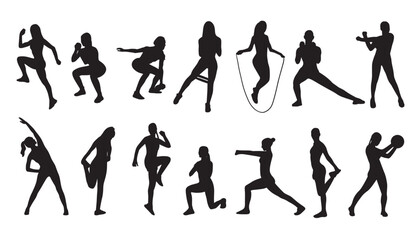 Fototapeta premium Vector illustration of women performing various exercises and active movements. Includes stretching, squats, lunges, resistance band training, jump rope, cardio, warm-up, and strength training