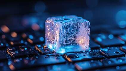 Glowing ice cube on a wet keyboard