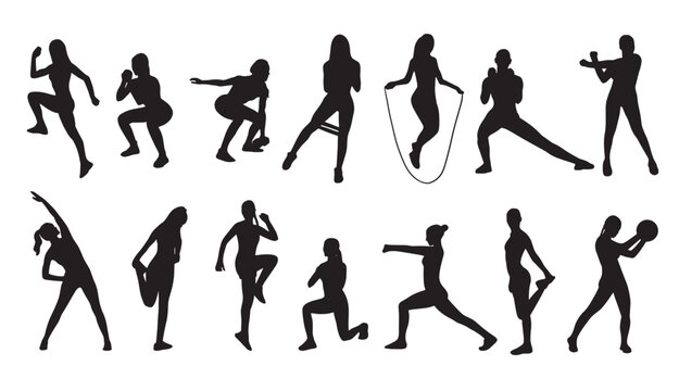 Vector illustration of women performing various exercises and active movements. Includes stretching, squats, lunges, resistance band training, jump rope, cardio, warm-up, and strength training
