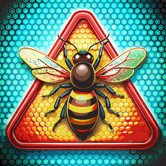 Stylized bee illustration with caution symbol on honeycomb background  
