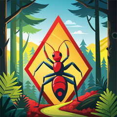 Beware of the red forest Ant-a safety icon, an illustration of a giant ant standing on a path in a picturesque forest landscape