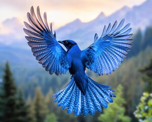 Colorado Bird. Flying Steller's Jay - A Beautiful Blue and White Bird in Rocky Mountain Forest