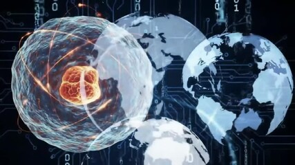 A digital rendering of a cell with nucleus and globes on a circuit board background with binary code - Powered by Adobe