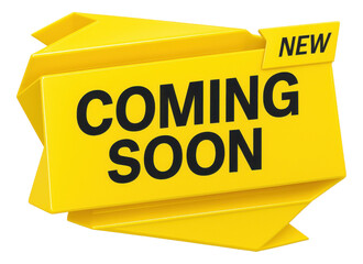 Yellow origami banner with "COMING SOON" promo and "NEW" tag, bold retail offer announcement on transparent background.