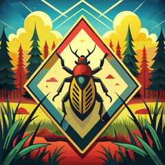 Colorful beetle illustration set against vibrant forest landscape,   Beware of the abscess beetle-Icon